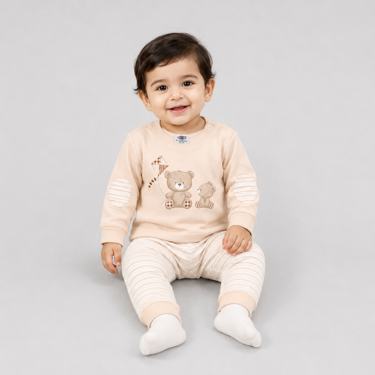 Baby boys cream teddy bear full sleeve t-shirt with striped pants set, Zero kids wear
