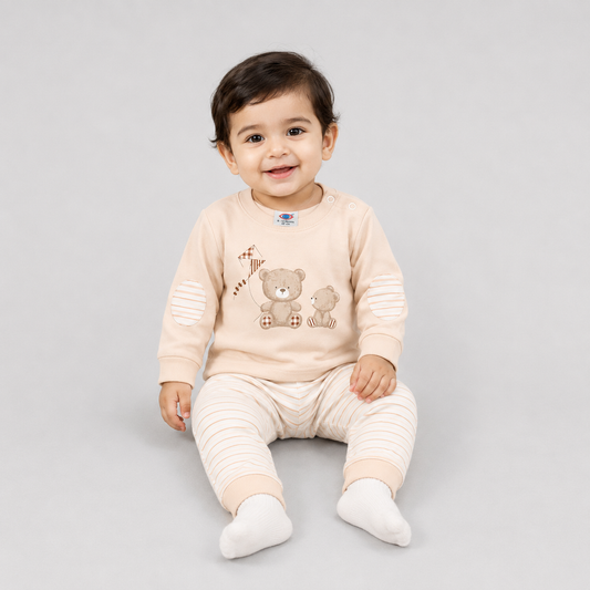 Baby boys cream teddy bear full sleeve t-shirt with striped pants set, Zero kids wear