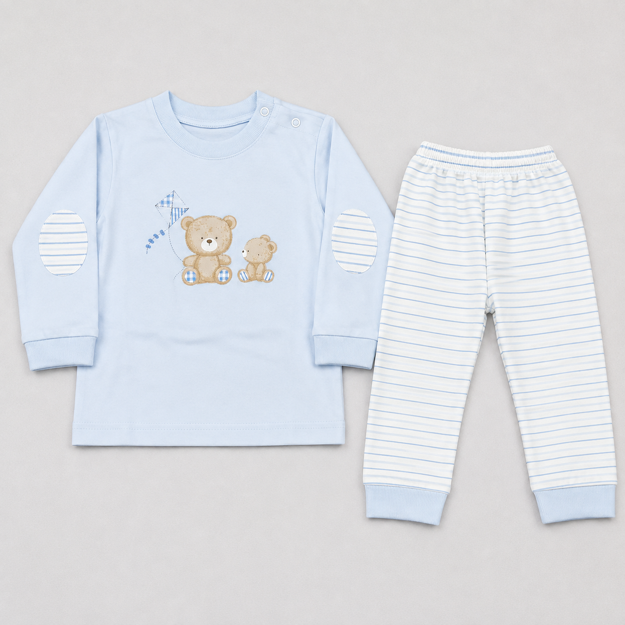 Baby Boys Sky Blue Teddy Bear T-Shirt & Striped Pants Set – Comfortable Kids Wear