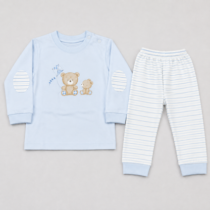 Baby Boys Sky Blue Teddy Bear T-Shirt & Striped Pants Set – Comfortable Kids Wear