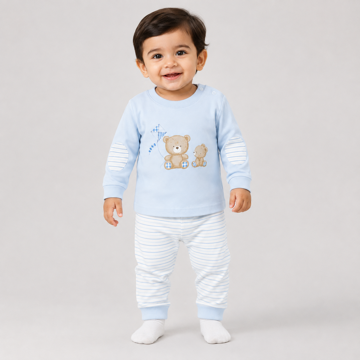Baby Boys Sky Blue Teddy Bear T-Shirt & Striped Pants Set – Comfortable Kids Wear