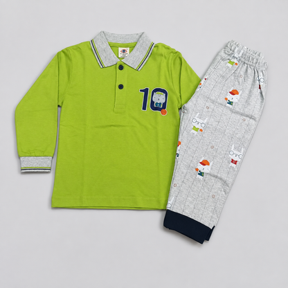 Boys Green Polo T-Shirt & Printed Track Pants Set – Casual Kids Wear