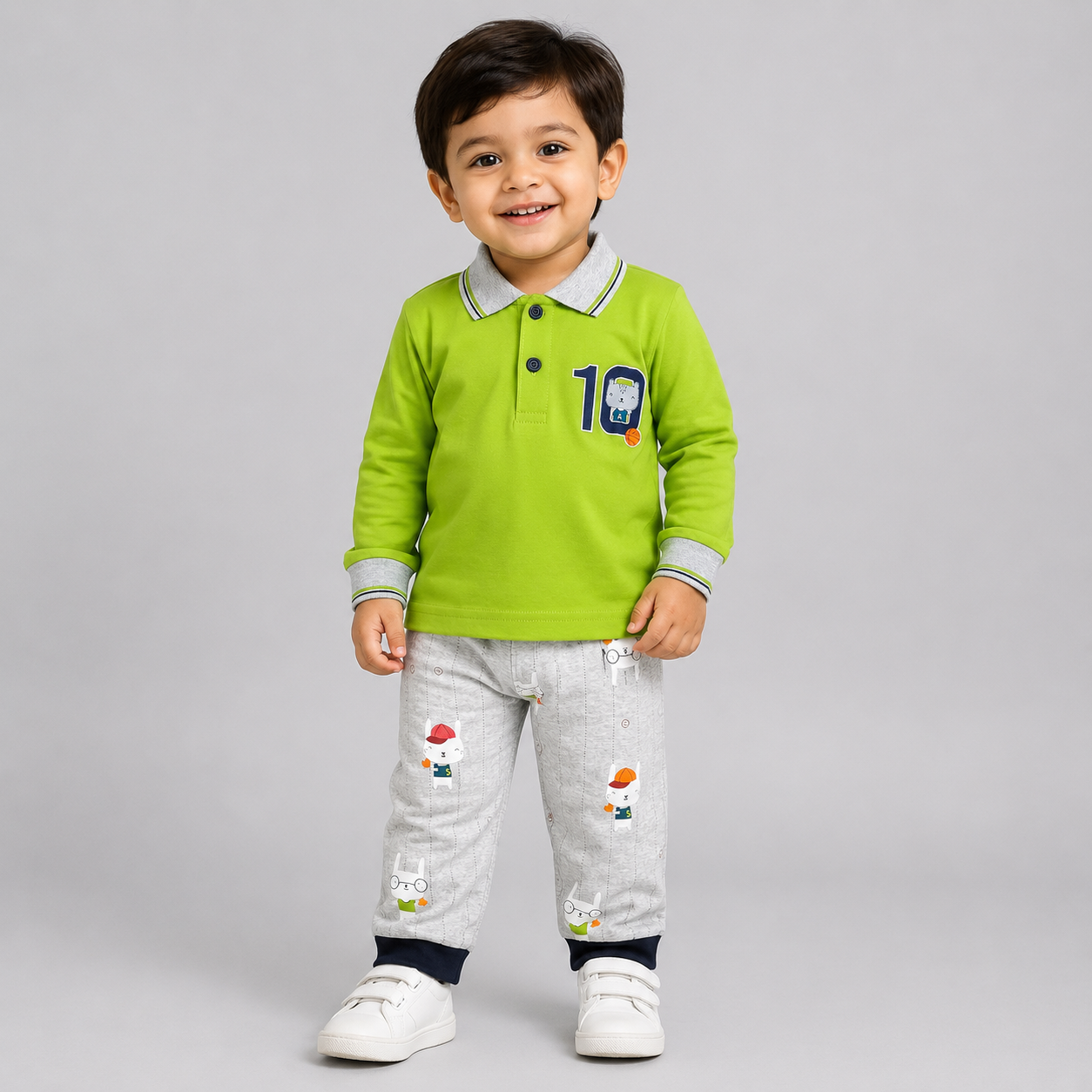 Boys Green Polo T-Shirt & Printed Track Pants Set – Casual Kids Wear