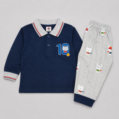 Boys Navy Blue Polo T-Shirt & Printed Track Pants Set – Casual Kids Wear