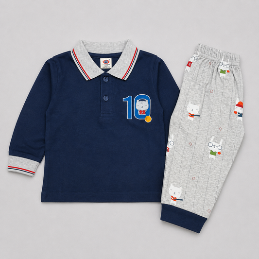 Boys Navy Blue Polo T-Shirt & Printed Track Pants Set – Casual Kids Wear