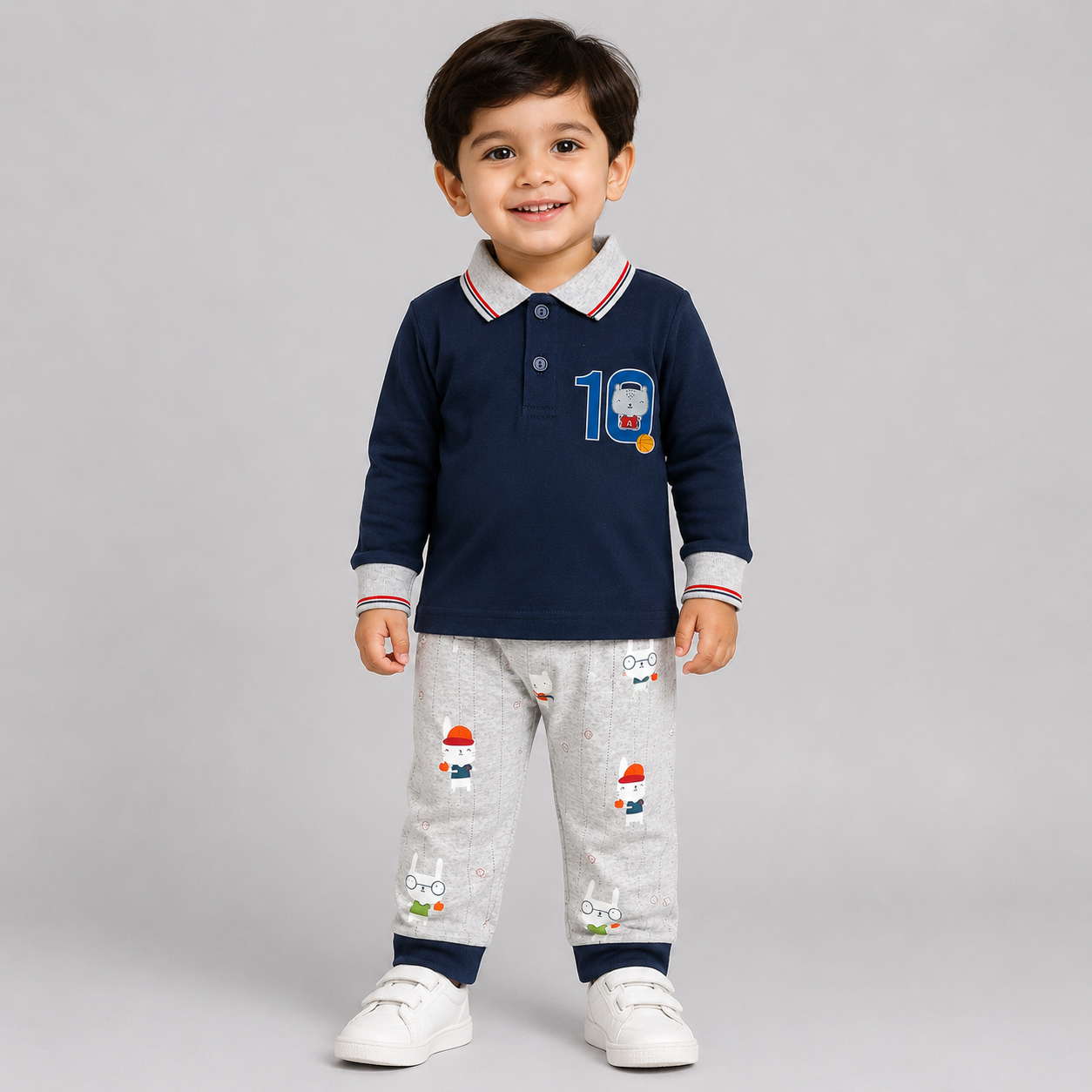 Boys Navy Blue polo t-shirt with grey printed pants set, Zero kids clothing set