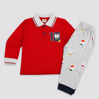 Boys Red Polo T-Shirt & Printed Track Pants Set – Casual Kids Wear