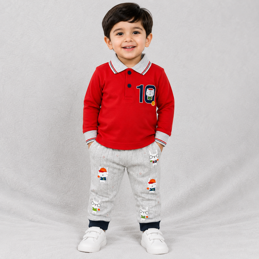 Zero Boys Red Polo T-Shirt & Printed Pants Set | Cutypi