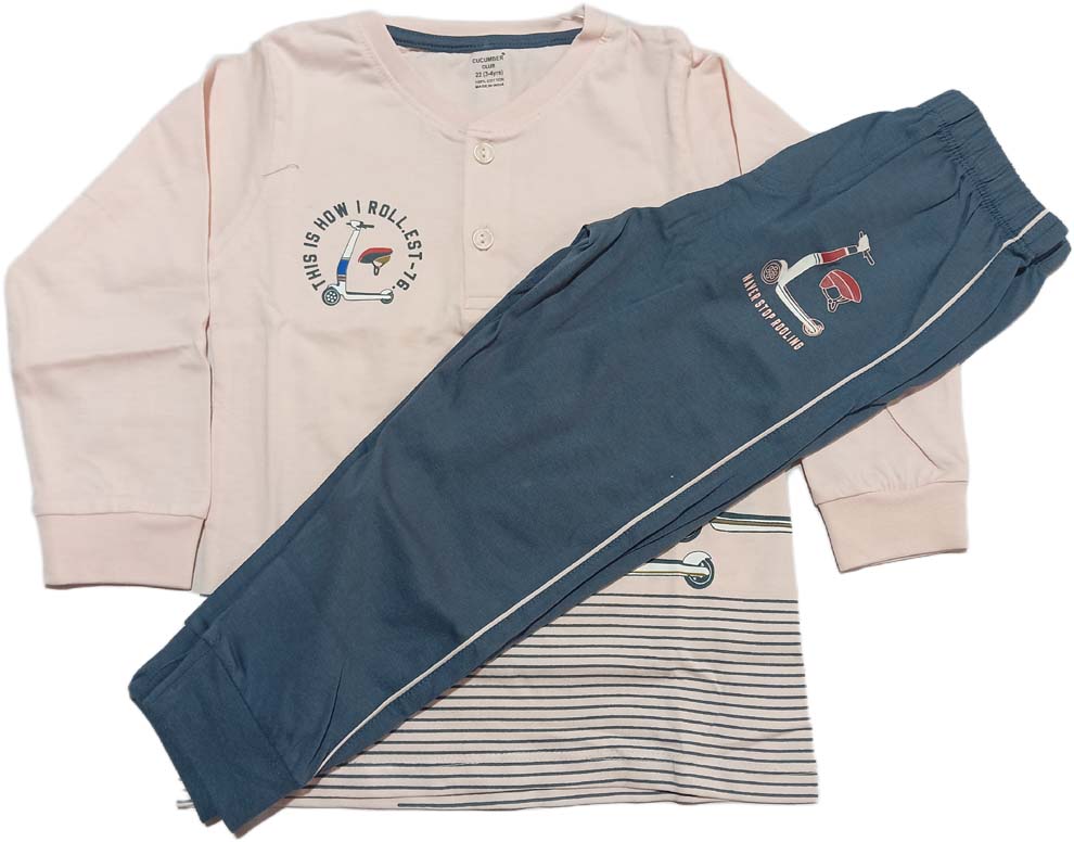 Boys Knit Full Sleeves Round Neck T-Shirt with Pant - Light Pink