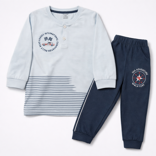 Baby Boys Rally Race Adventure Printed Blue Clothing Set