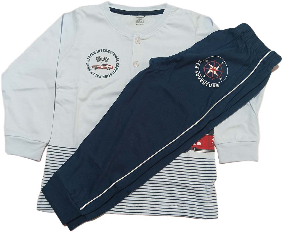 Boys Knit Full Sleeves Round Neck T-Shirt with Pant - Sky Blue