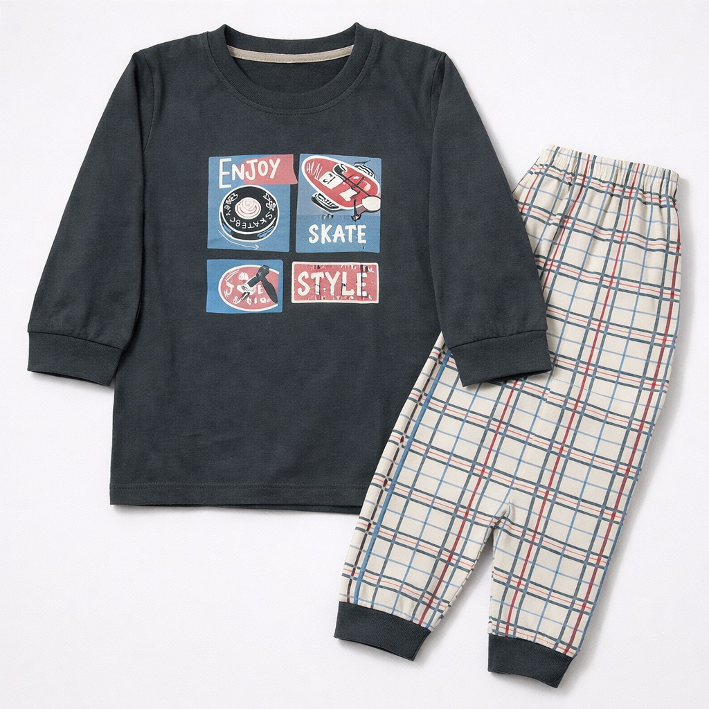Cucumber Baby Boys Vintage Motercycle Printed T-Shirt & Plaid Pants Set  - Cutypi