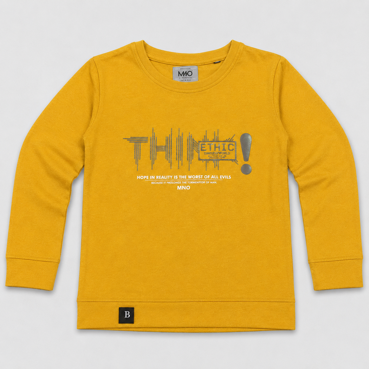 MNO boys mustard yellow full sleeve printed t-shirt with graphic front design