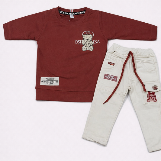 Boys Full sleeves Stripped T-Shirt with Full Pant - Maroon