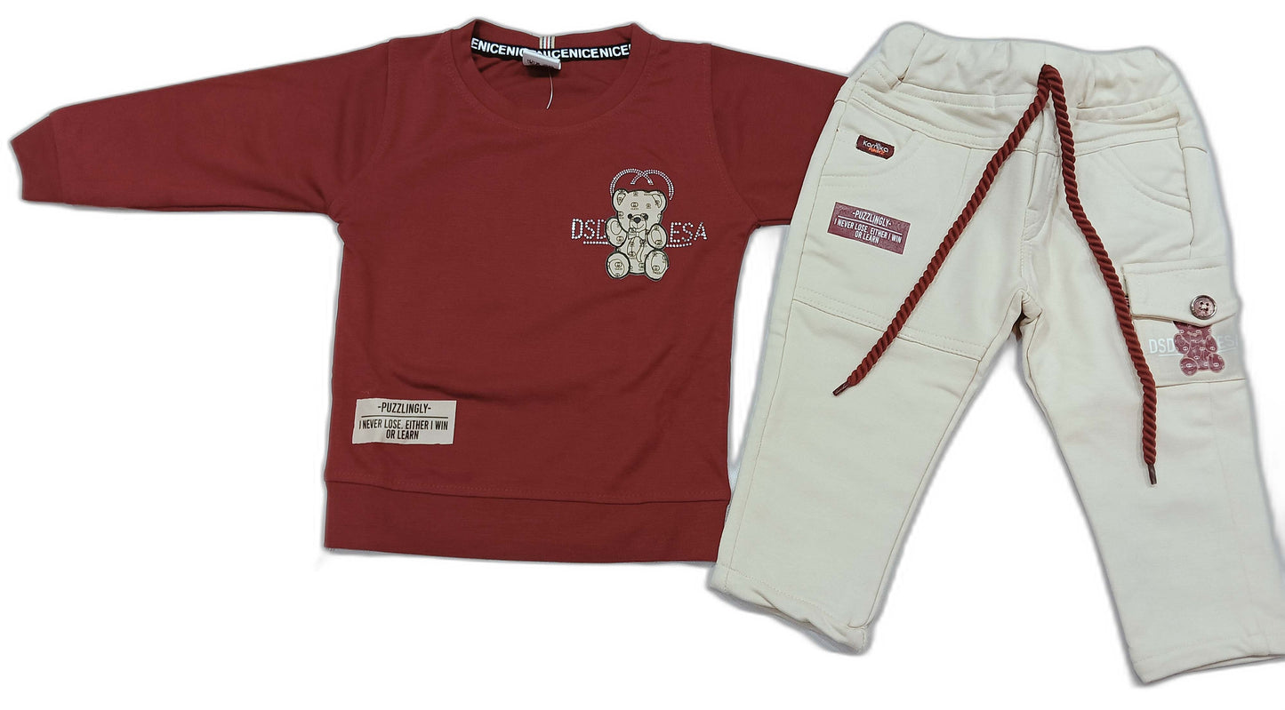 Boys Full sleeves Stripped T-Shirt with Full Pant - Maroon