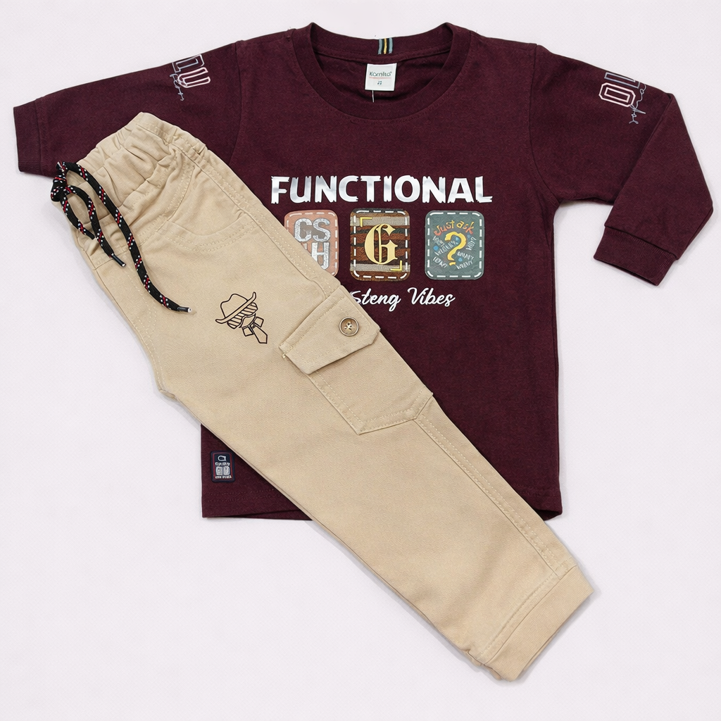 Kanika Bold Explorer Maroon Tee & Beige Cargo Pants Set for Kids  - Cutypi