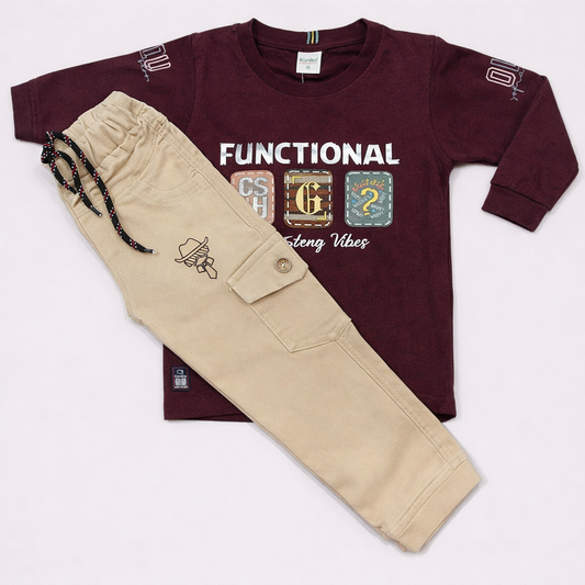 Bold Explorer Maroon Tee & Beige Cargo Pants Set for Kids