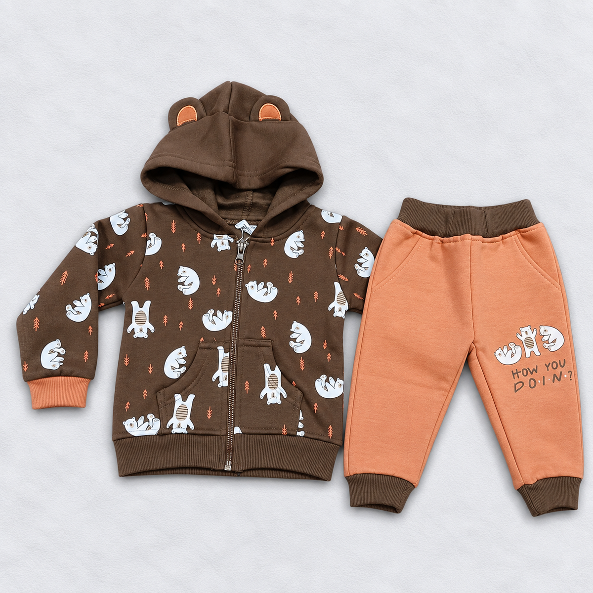 Krunchy Kids Winter Hooded Jacket & Pant Set – Cute Bear Print