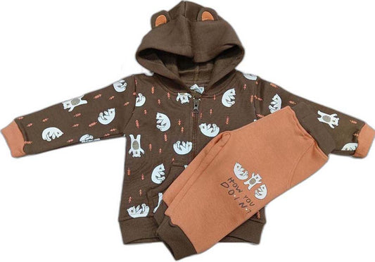 Baby Boys & Baby Girls Full Sleeve Hooded Sweatshirt with Joggers - Brown