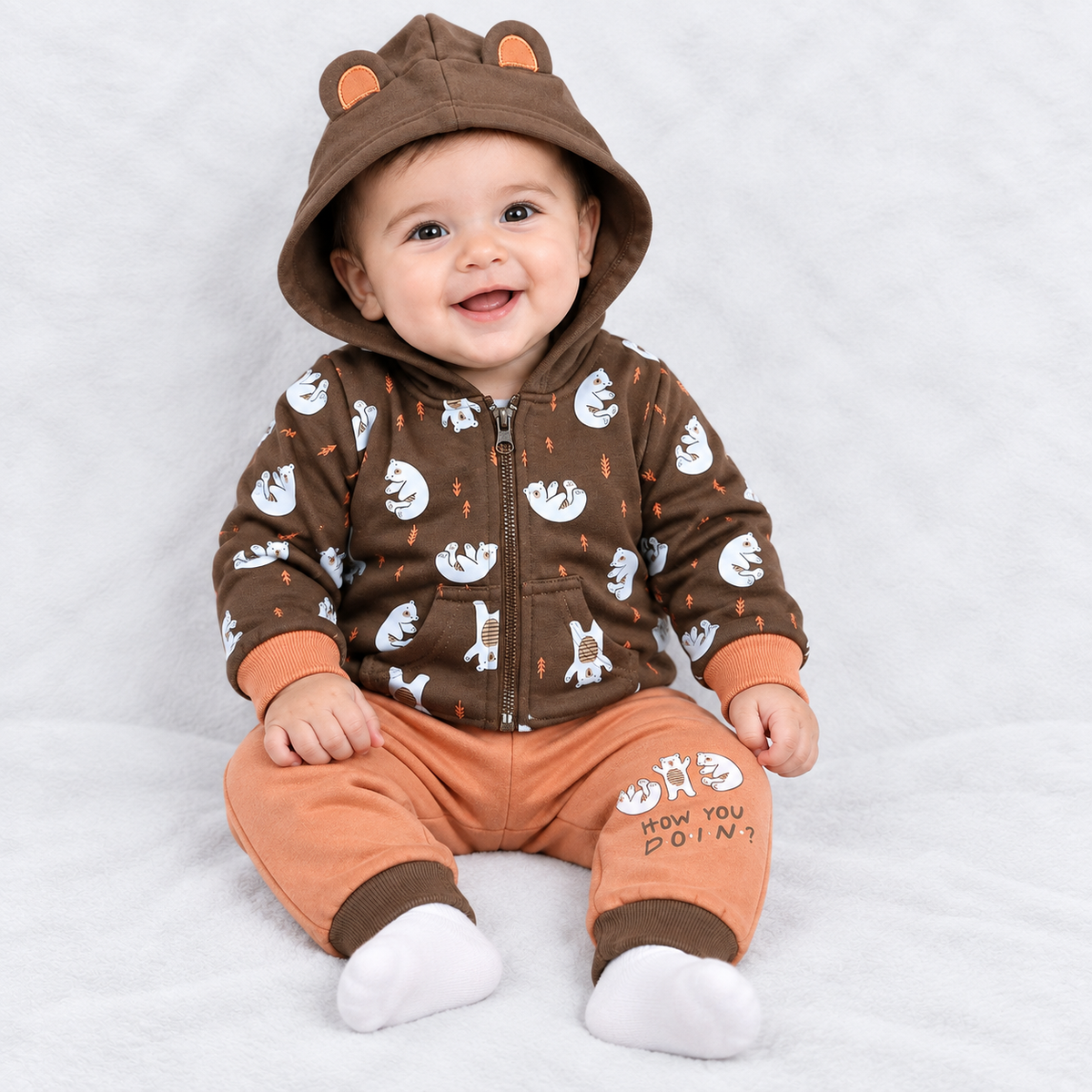 Krunchy Kids Winter Hooded Jacket & Pant Set – Cute Bear Print | Cutypi
