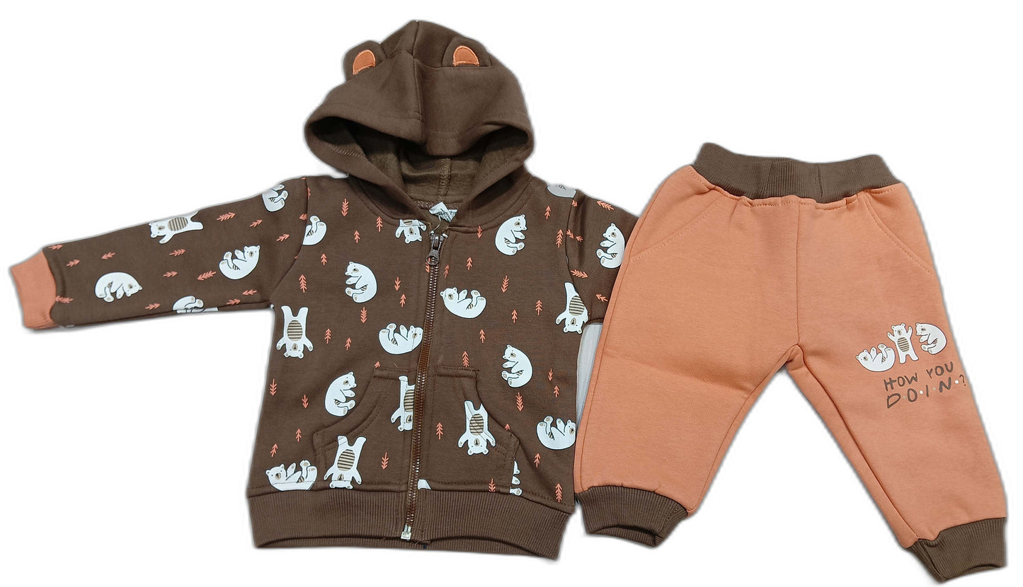 Baby Boys & Baby Girls Full Sleeve Hooded Sweatshirt with Joggers - Brown