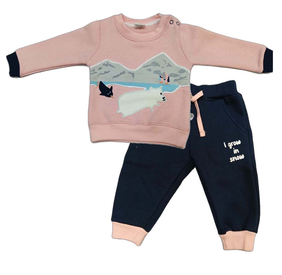 Kids Pink Colour blocked Rabbit Fleece Sweatshirt and Lounge Pant