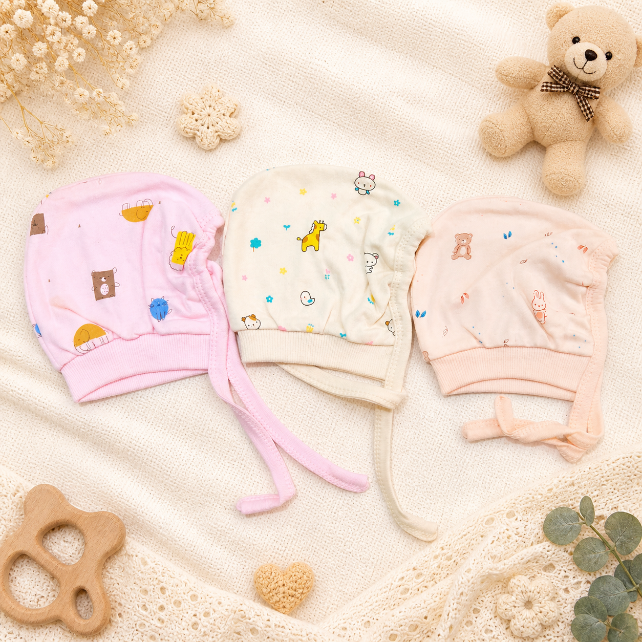 Simply Baby Cotton Tie Knot Cap Set Soft & Breathable (Pack of 3)