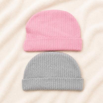 Baby Ribbed Cotton Pink & Grey Soft Stretch Infant Caps (Pack of 2)