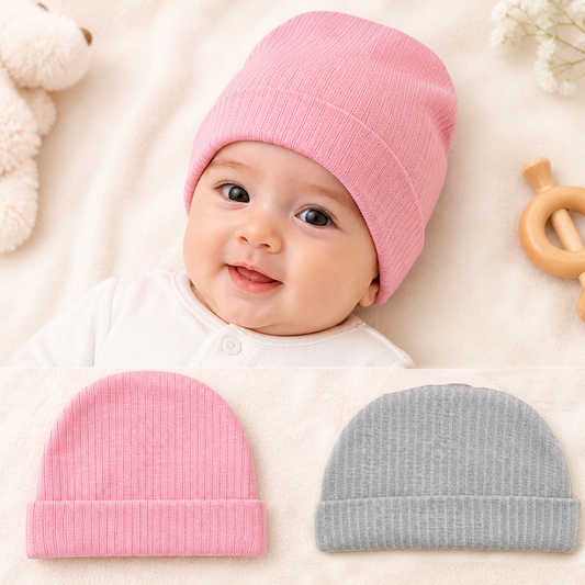 Newborn Baby Ribbed Cotton Cap Set Pink & Grey Soft Stretch Infant Caps (Pack of 2)- Cutypi