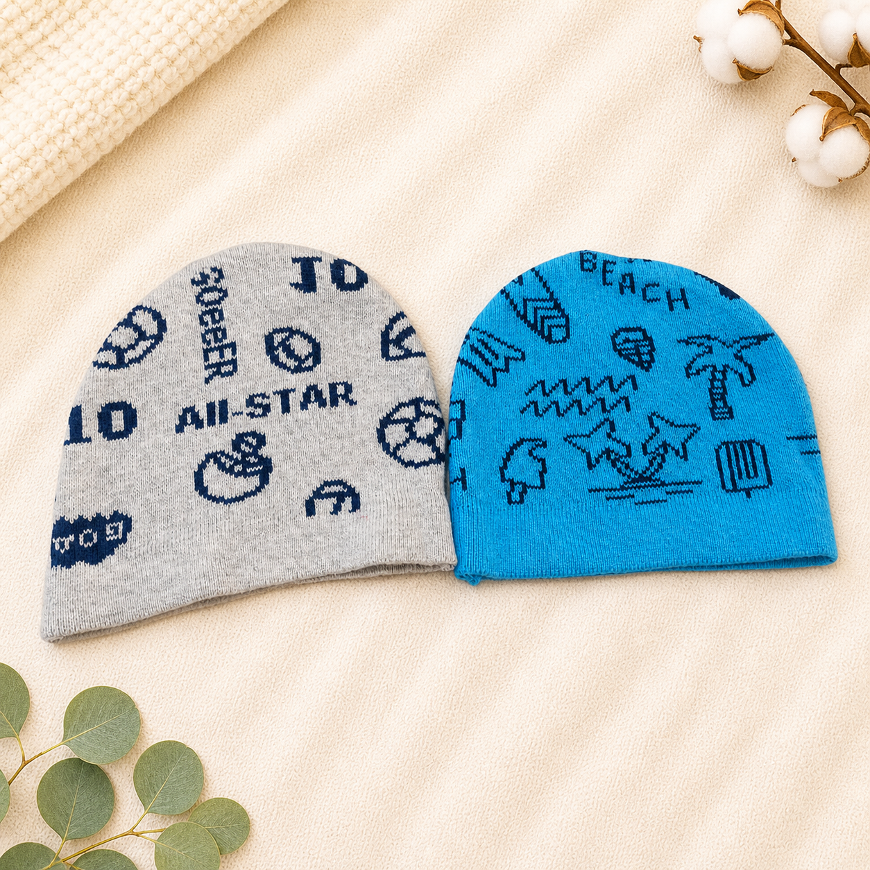 Newborn Baby Cotton Printed Cap Set – Beach Theme - Cutypi
