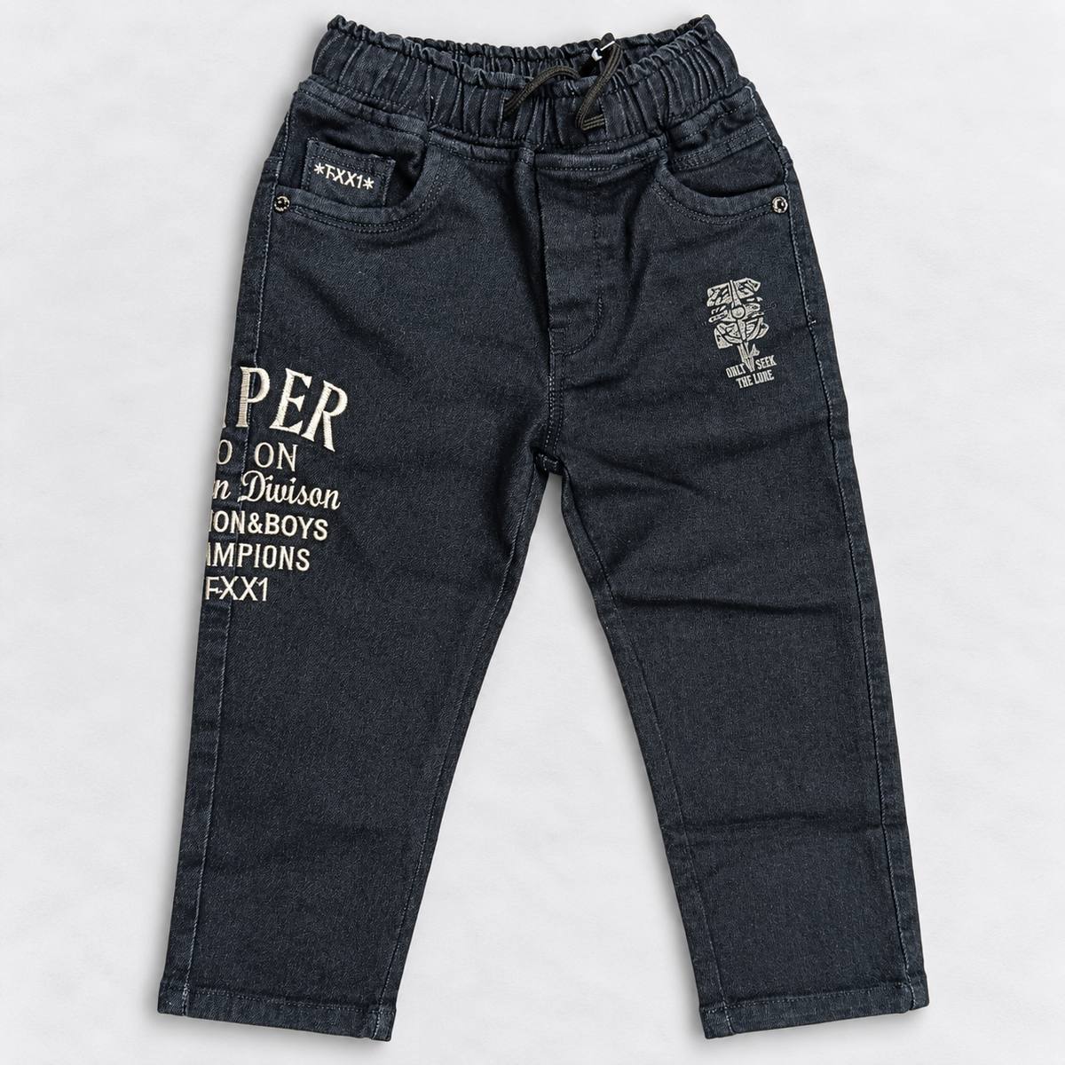 Boys Black Denim Jeans | Printed Casual Kids Pants with Drawstring