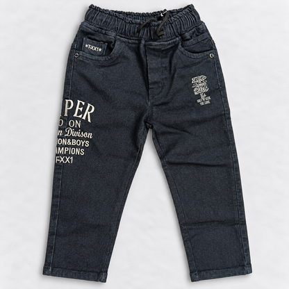 Boys Black Denim Jeans | Printed Casual Kids Pants with Drawstring