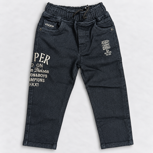 Boys Black Denim Jeans | Printed Casual Kids Pants with Drawstring