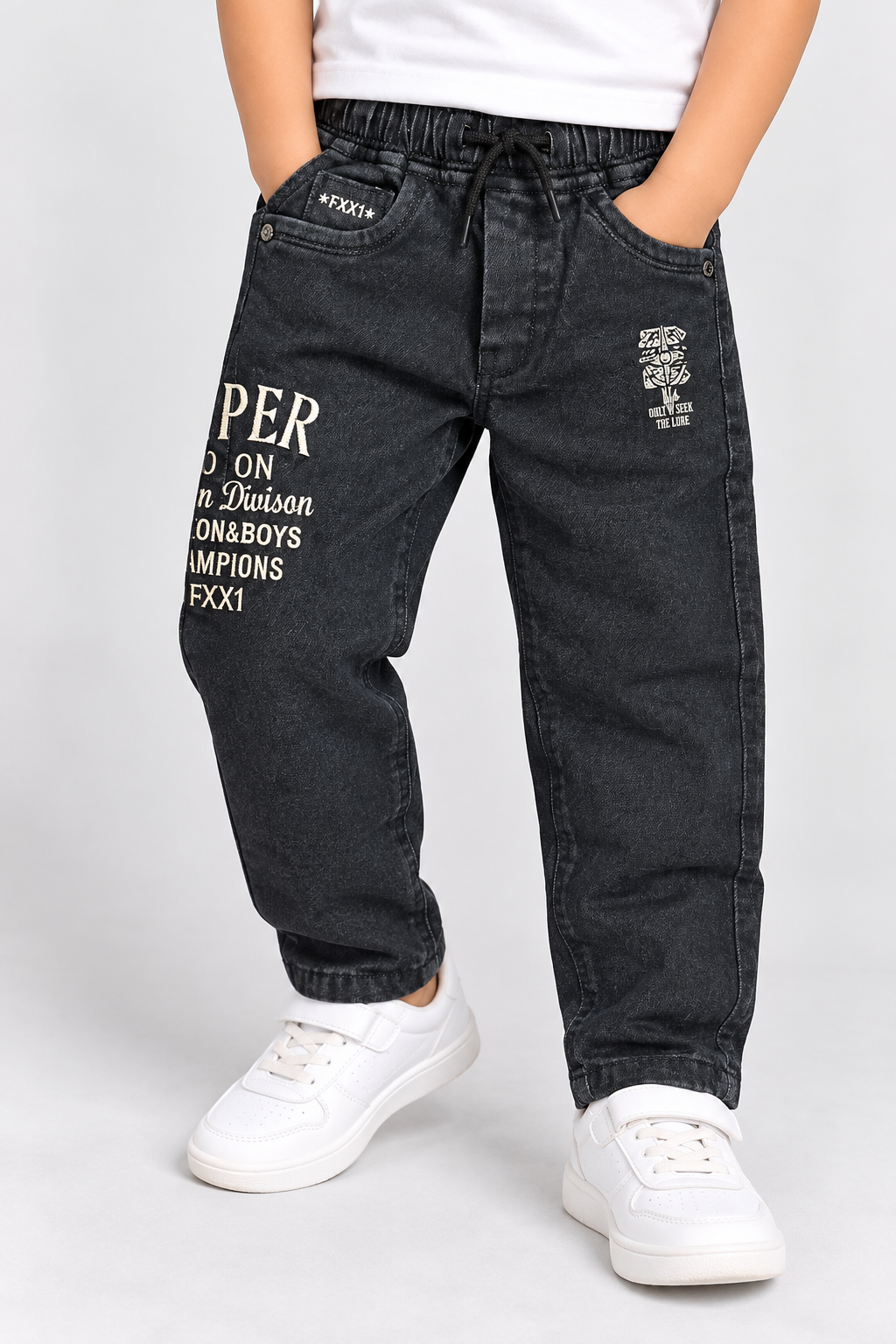 boys black denim jeans with elastic waist, drawstring and stylish printed graphic details | Cutypi