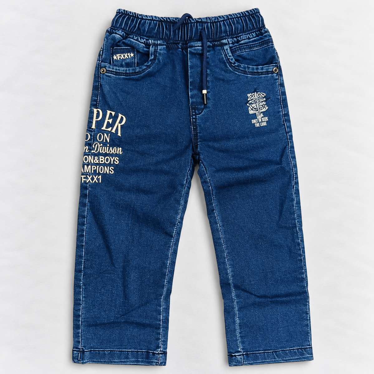 boys blue denim jeans with elastic waist, drawstring and stylish printed graphic details | Cutypi