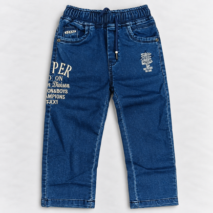 boys blue denim jeans with elastic waist, drawstring and stylish printed graphic details | Cutypi