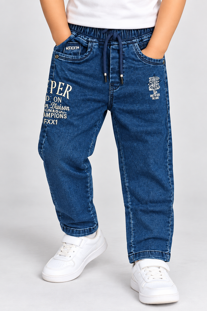 Boys Blue Denim Jeans | Printed Casual Kids Pants with Drawstring