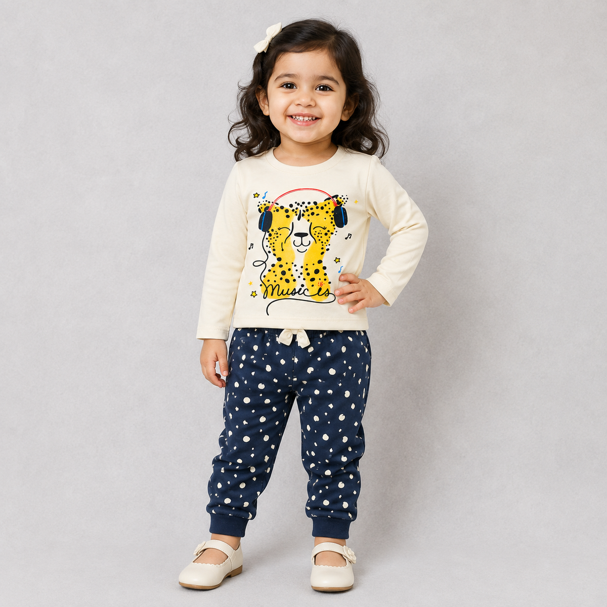 Baby Girls Music Print T-Shirt with Navy Printed Pants Set Cute Casual Outfit