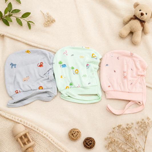 Newborn Baby Cotton Tie Knot Cap Set Multicolor Printed Infant Caps Soft & Breathable (Pack of 3)- Cutypi