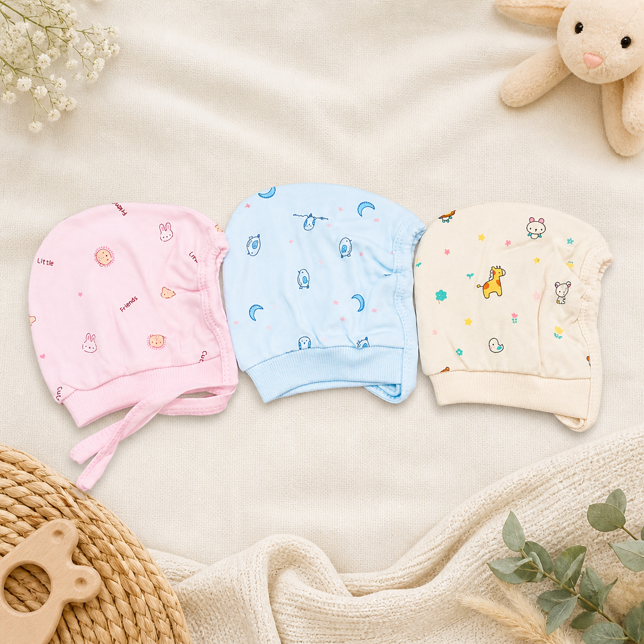 Newborn Baby Cotton Tie Knot Cap Set Multicolor Printed Infant Caps Soft & Breathable (Pack of 3)- Cutypi