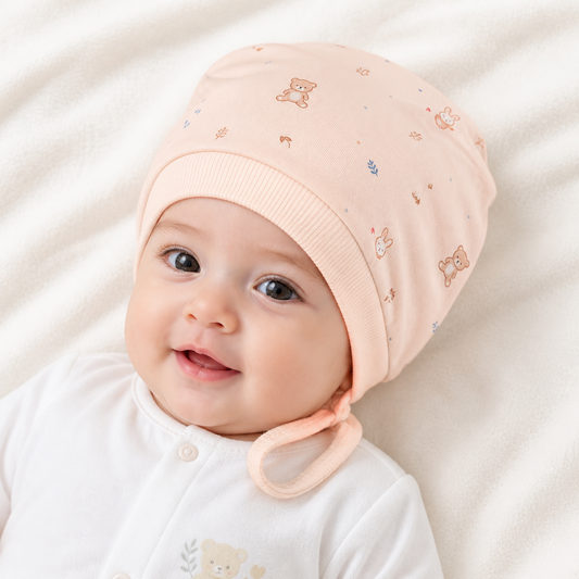 Newborn Baby Cotton Cap Set Gray & Peach Printed Soft Infant Caps (Pack of 2)- Cutypi
