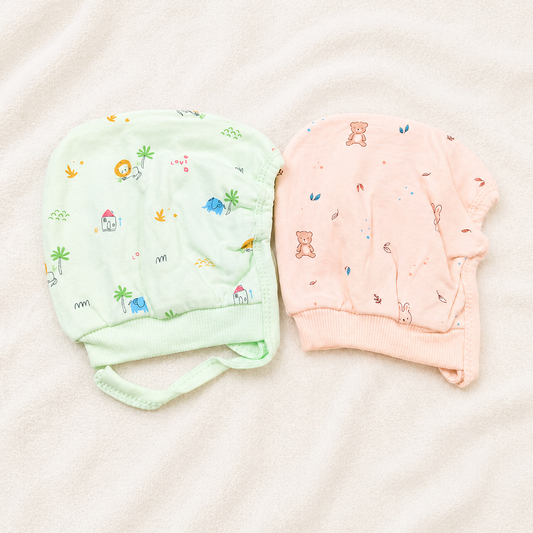Newborn Baby Cotton Cap Set Green & Peach Printed Soft Infant Caps (Pack of 2)- Cutypi