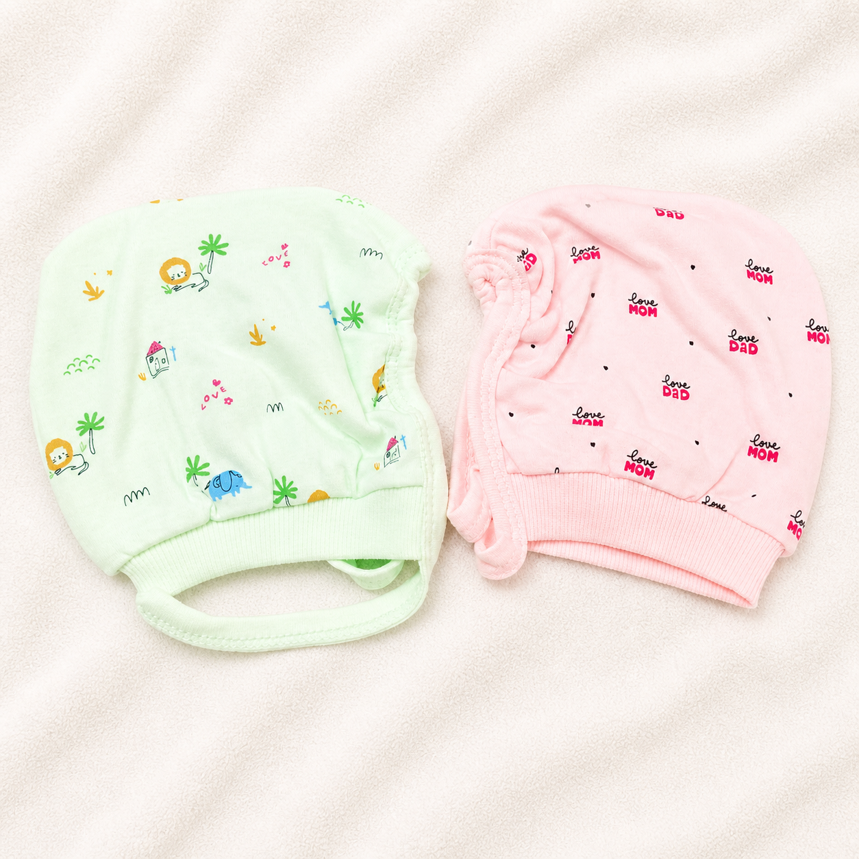 Newborn Baby Cotton Cap Set Green & Pink Printed Soft Infant Caps (Pack of 2)- Cutypi