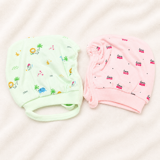 Newborn Baby Cotton Cap Set Green & Pink Printed Soft Infant Caps (Pack of 2)- Cutypi