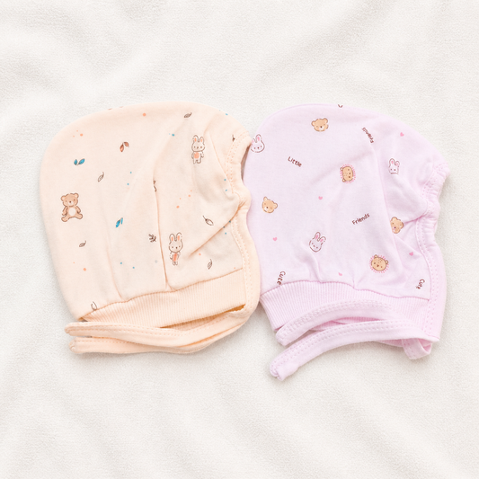 Newborn Baby Cotton Cap Set Peach & Pink Printed Soft Infant Caps (Pack of 2)- Cutypi