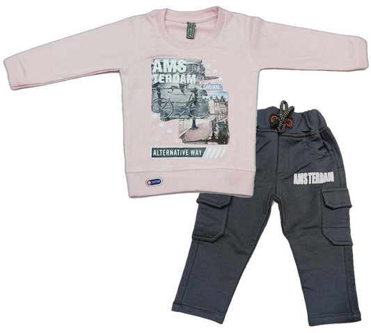 Boys Full sleeves Printed Pink T-Shirt with Pant