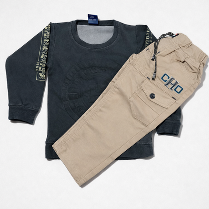 Boys Printed Knit-Denim Round Neck Clothing Set