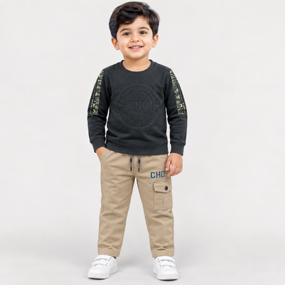 Boys Printed Knit-Denim Round Neck Clothing Set