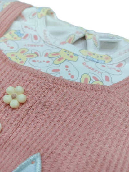 Baby Girl Printed Dungaree With T-shirt & Panty - Peach