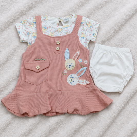 Baby Day Baby Girl Printed Dungaree With T-shirt & Panty - Peach - Cutypi